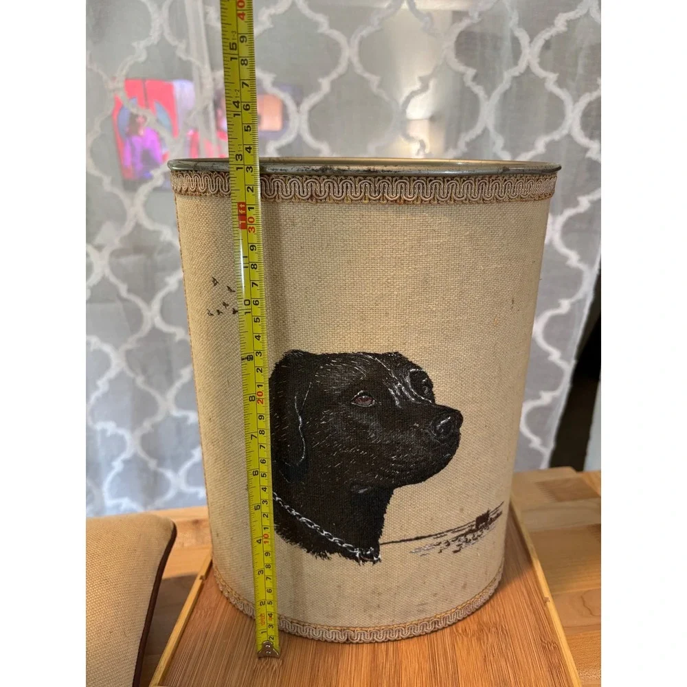 Vintage Black Labrador Dog Wastebasket and Pillow Set Burlap Style Home Decor